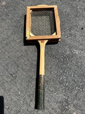 Vintage Wooden Tennis Racket with Press - Natural Wood & Leather Grip